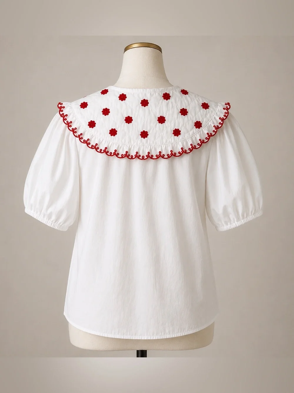 Zara White Red Embroidered Ruffle Peter Pan Collar Puff Sleeve Cotton Blouse S